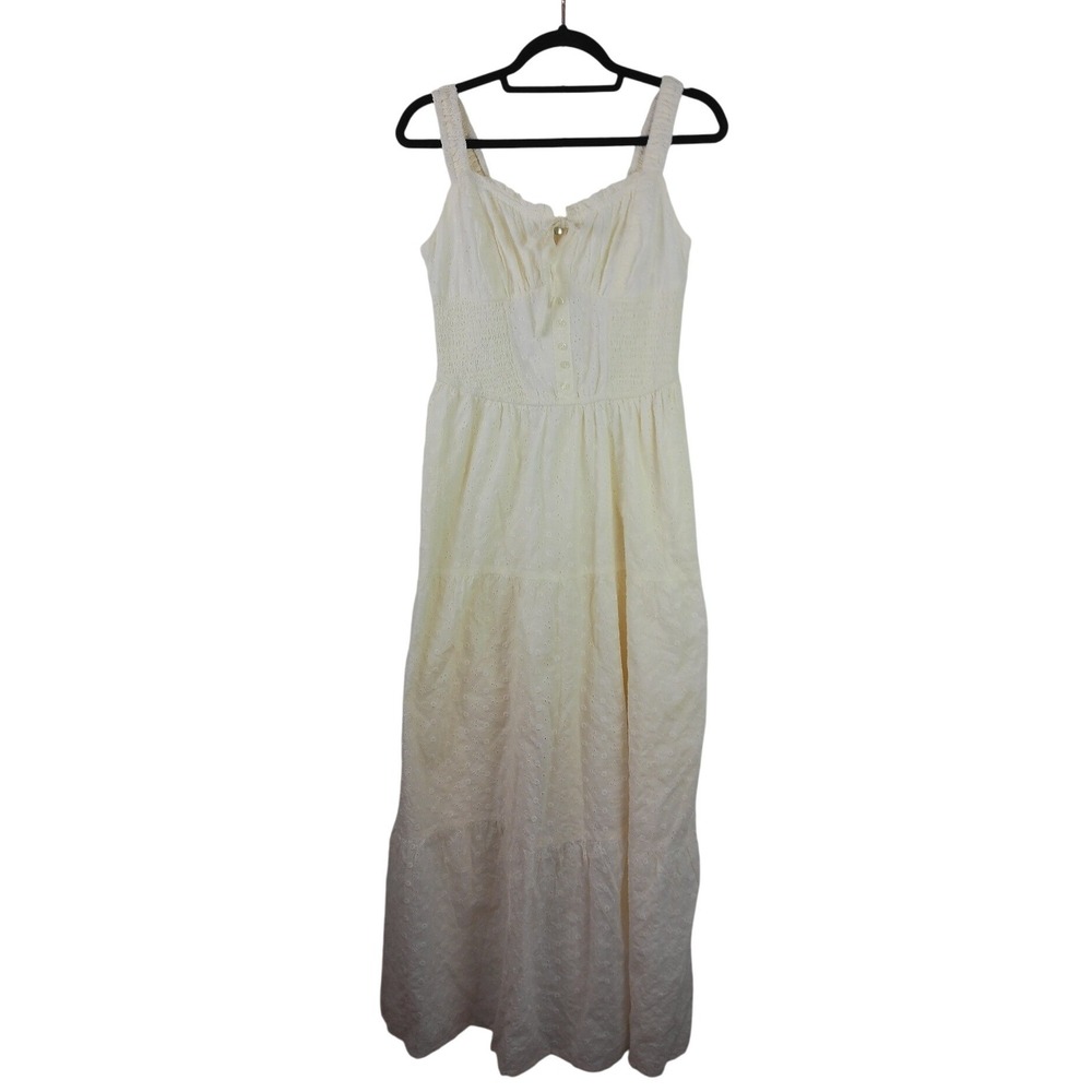 Sim & Sam Ivory Eyelet Smocked Tiered Midi Dress L NWT Cottagecore Prairie Boho